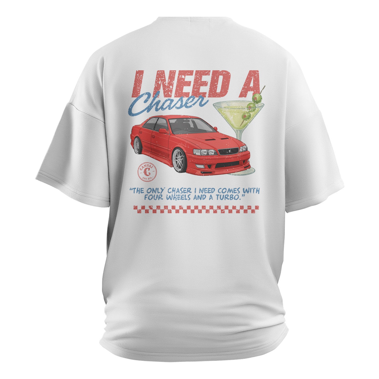 Drop Shoulder T-shirt "I Need A Chaser" in White