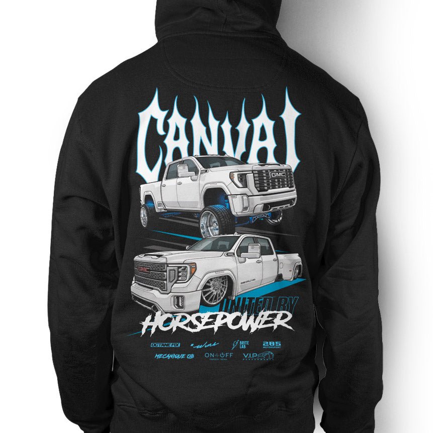 Unisex Hoodie "United by Horsepower" in Black - Canvai